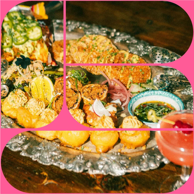 A silver platter of croquettes, fritters and breaded cutlets with pickled onion, a herb dipping sauce and a cocktail.